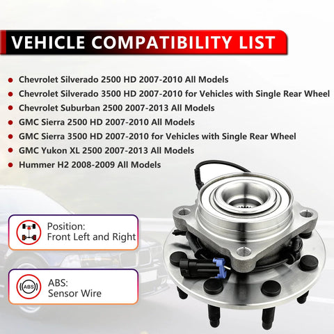 Two Pack Front Wheel Bearing And Hub Assembly For Chevy Silverado 2500 3500 HD Suburban 2500 GMC Sierra 2500 3500 HD Yukon XL 2500 Hummer H2 8 Lug With ABS Beefed Up Heavy Duty Truck Parts on compatibility list background