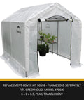 Replacement Cover Kit For 6W X 8L X 6.5H Greenhouse Translucent UV Treated Polyethylene Frame Not Included Fits ShelterLogic 70600 Series Durable Outdoor Greenhouse Cover, shown in use on greenhouse frame with plants inside.