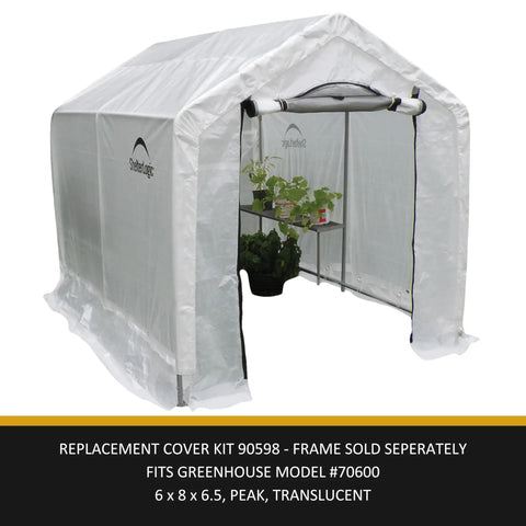 Replacement Cover Kit For 6W X 8L X 6.5H Greenhouse Translucent UV Treated Polyethylene Frame Not Included Fits ShelterLogic 70600 Series Durable Outdoor Greenhouse Cover, shown in use on greenhouse frame with plants inside.