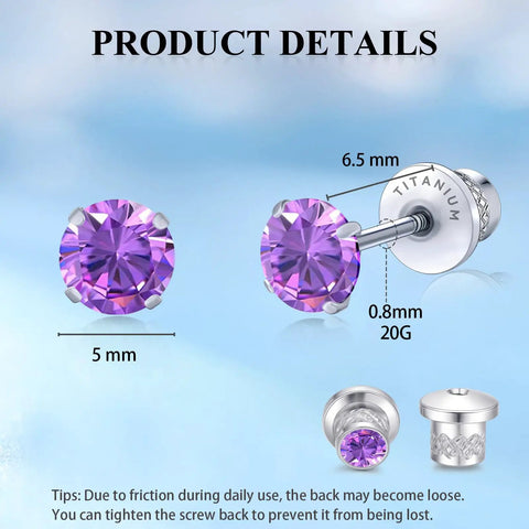 Top Shelf Implant Grade Titanium Screw Back Earrings Hypoallergenic Nickel Free Frame crafted with 5mm purple cubic zirconia.