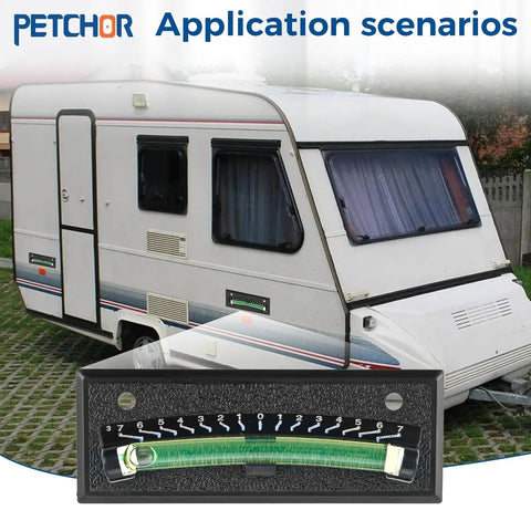 2 Pack RV Bubble Level Kit With Sticky Mount on caravan for incline readings, displayed with green fluid level, high visibility