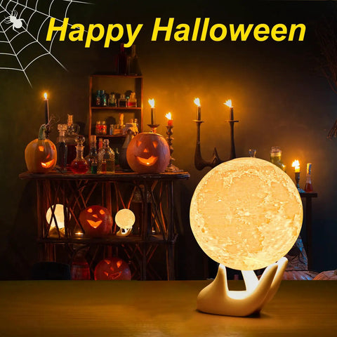Moon Lamp For Kids And Adults With Realistic 3D Moon Surface glowing in a Halloween-themed room with decorations