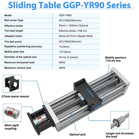 Built Like A Tank Heavy Duty Linear Guide Rail And High Precision Ball Screw Slide Stage Featuring 90Mm Wide Platform With Nema 23 Closed Loop Stepper Motor Kit For Diy Machinery And Smooth Top Shelf Control technical diagram showing specifications and components.