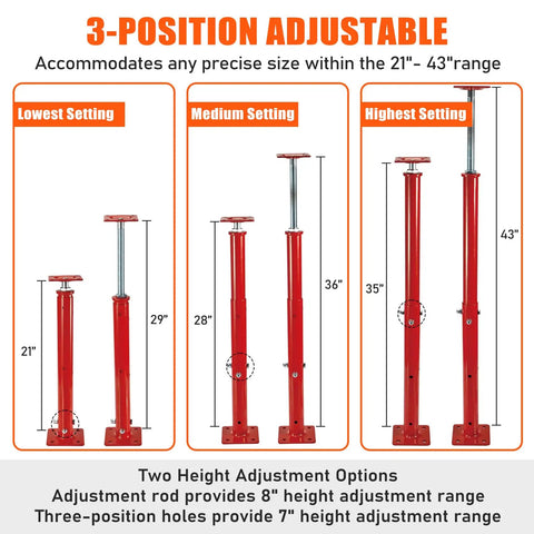 Two Pack Hella Tough Steel House Floor Jacks Adjustable Height From 21 To 43 Inches Handling 11023 Pounds With Swiveling Top Plate for height settings overview.