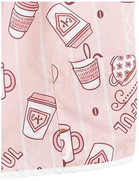 Hassle Free Snap Front Cobbler Apron Vest With Dual Patch Pockets Top Shelf Easy Care Smock Designed For Salon Professionals And Kitchen Crews Demanding Peak Performance Everyday with coffee cup pattern.