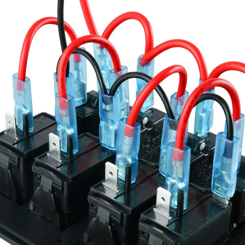 Close-up of wires and terminals on 4 Gang Aluminum LED Rocker Switch Panel With Circuit Breaker Waterproof Splash Proof Marine Boat RV Durable Anti Corrosion For Tough Wet Environments Ready