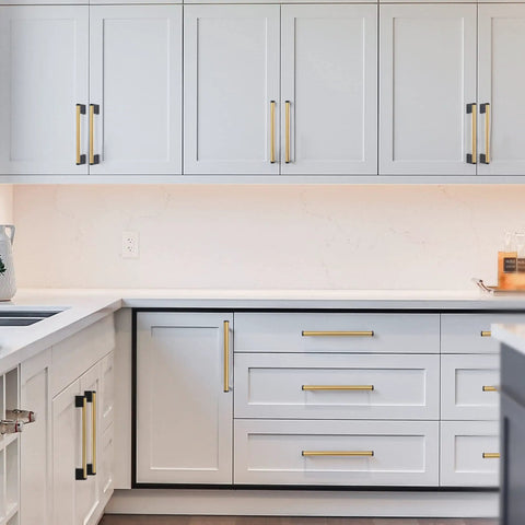 Brushed Brass Square Cabinet Handles Set With Stainless Steel Drawer Pulls For Kitchen, Bath And Bedroom Furnishings, 7-1/2 Inch Hole Spacing 192mm, 10 Pack installed in modern kitchen cabinetry.