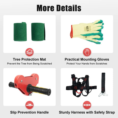 Tree protection mat, mounting gloves, slip prevention handle, harness strap from 160 Foot Backyard Zip Line Kit Outdoor