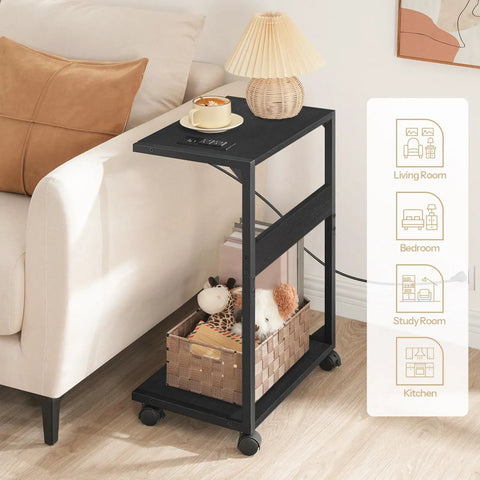 Under Desk CPU Stand With Charging Station Two Tier Mobile Computer Tower Cart With Lockable Wheels in a living room setting