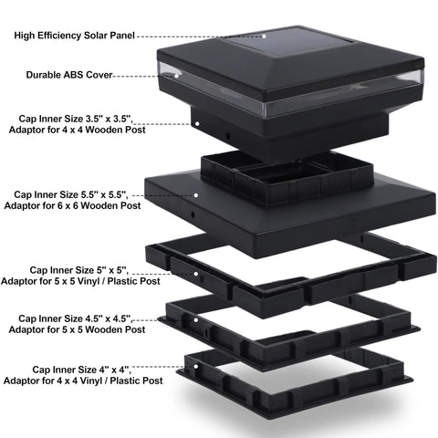 Exploded view of 4 Pack Solar Post Cap Lights for Outdoor Decor Fits 4x4 5x5 6x6 Vinyl and Wood Posts with Black Shells