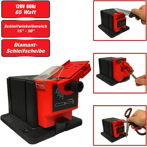 All In One Sharpening Station For Knives, Chisels And High Speed Steel Drill Bits Electric Multitask Sharpener with red plastic body