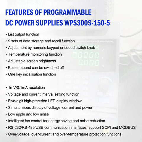 Feature list of Programmable DC Power Supply 0 to 150V 5A 300W For Lab Bench, highlighting storage and recall functions.