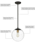 Globe Pendant Light in Black and Gold with Seeded Glass Shade Nine Point Five Inch Modern Ceiling Fixture, side view with details