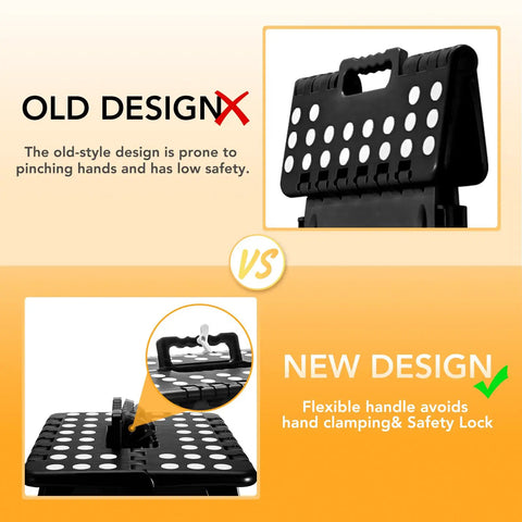 Comparison of old and new 16 Inch Folding Step Stool for Home and Apartment Use, with safety lock and flexible handle in black.