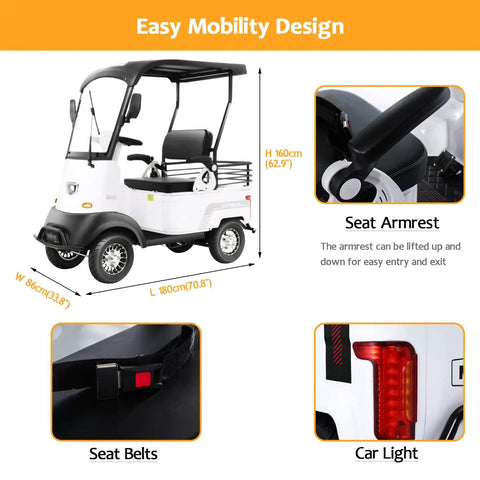 Heavy Duty Electric Golf Cart For Adults with dimensions, seat armrest, seat belts, and rear car light shown.