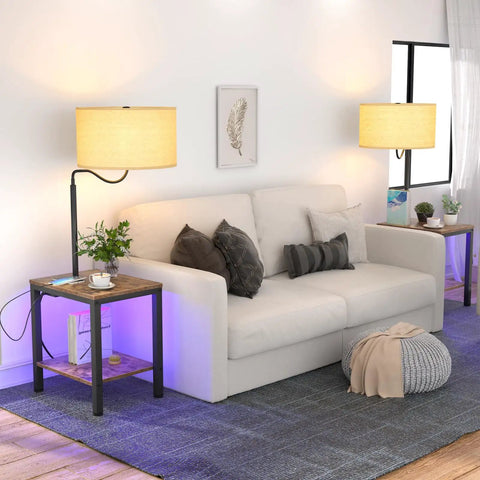 Living room with LED Floor Lamp With End Table And USB Ports RGB Color Changing Lights Built In Power Outlet Beside Sofa