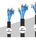 Various sizes of black split wire loom tubing each with blue Ethernet cables, showcasing flame retardant half inch split wire loom tubing 25 feet.