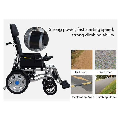 Side view of an electric wheelchair with Electric Wheelchair Controller 24V DC With Brush Joystick And Brake Connector for varied terrains.