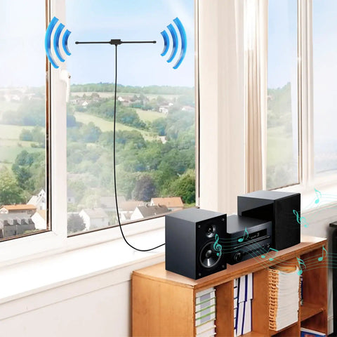 Indoor FM Dipole Antenna For Stereo Receivers And Home Theater Systems, 75 Ohm Unbalanced, mounted on window, enhancing signal