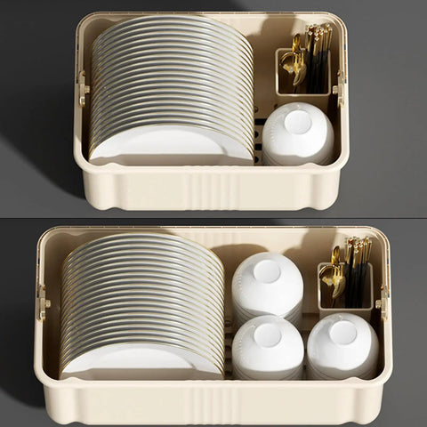 Sleek White Plate Drying Rack And Smart Kitchen Organizer Built With Hella Sturdy Pp Pet Material Offering Massive Counter Storage That Acts As A True Lifestyle Game Changer, featuring stacked plates and cups in a beige storage unit.