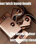 Double Roller Cabinet Catches For Sliding Doors And Drawers Made From Durable Metal Hardware that won't warp, showing bronze door latch on wooden background.