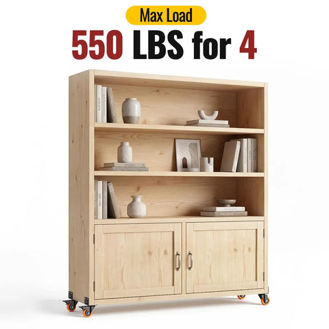 Rock Solid 2 Inch Side Mount Caster Wheels Set Of Four With Reinforced L Bracket Heavy Duty Narrow Furniture Casters built into a wooden shelving unit.