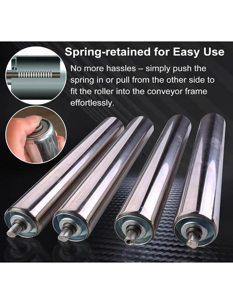 Heavy Duty Spring Loaded Stainless Steel Roller And Reinforced Conveyor Idler Bearing For Industrial Warehouse Logistics Gear with spring-retained design for easy use.