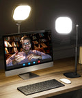 Adjustable Desk Ring Light With Stand For Webcam And Video Calls, 30 Light Modes for Live Streaming and Meetings, shown in a home office setup.