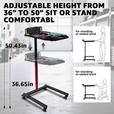 Adjustable Mobile Work Table 32 To 50 Inches Height And Angle Adjustable, Versatile Workbench in garage setting