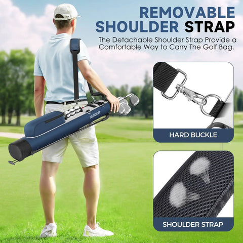 Man carrying Lightweight Golf Stand Bag For Driving Range Par 3 And Executive Courses Compact 5 To 6 Club Carrier