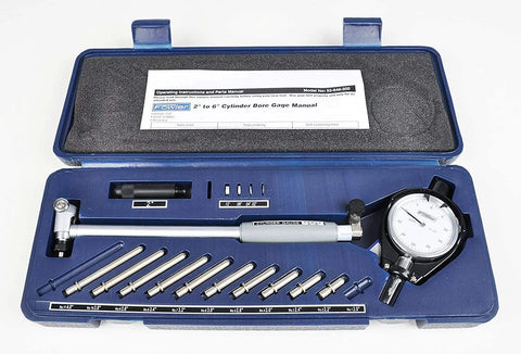 Fowler cylinder bore gauge, 6" range, in blue case with dial indicator and interchangeable probes.
