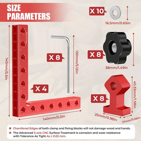 Diagram showing size and components of 4 Piece 90 Degree Corner Clamps For Woodworking, Aluminum Alloy Right Angle Clamps