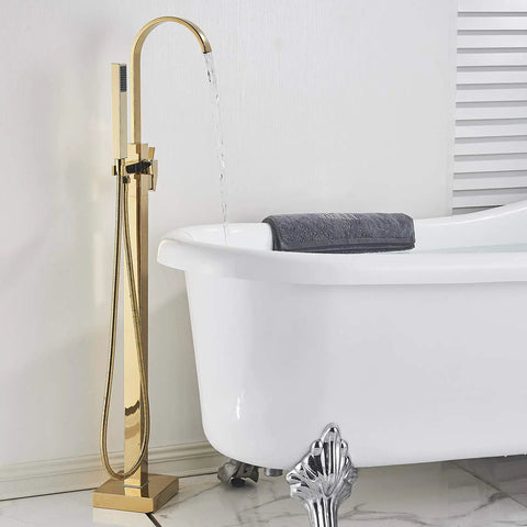 Solid Brass Freestanding Bathtub Faucet With Hand Shower in Gold Polished Finish beside white clawfoot tub