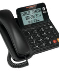 Top Shelf Corded Telephone With Solid Speakerphone And Hella Big Buttons For Easy Dialing Plus Tilting Display For Crystal Clear Viewing No Fuss Caller ID And Call Waiting Volume Boost For Senior Friendly Use In Sleek Black, featuring large buttons and a clear display.