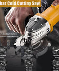 Cordless Hydraulic Rebar Cutter With 2000W Brushless Cold Cut Saw, 2100 RPM, 3 Cm Cutting Diameter for steel, in use on site.