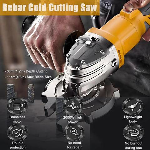 Cordless Hydraulic Rebar Cutter With 2000W Brushless Cold Cut Saw, 2100 RPM, 3 Cm Cutting Diameter for steel, in use on site.