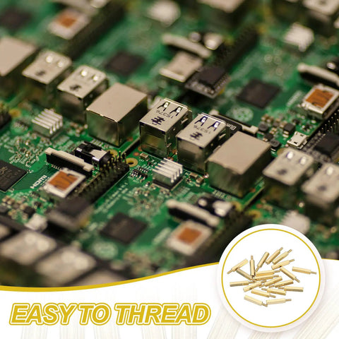 M2.5 X 19 Plus 6 Millimeter Female Thread Hex Brass Pcb Standoffs Twenty Piece Gold Spacer Set Built Different For Fpv Drones And Motherboards Sick Fit Hardware For Zero Sweat Assembly on circuit board close-up.