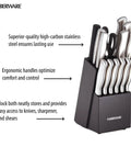 Gotta Have This Knockout 15 Piece Kitchen Knife Set Featuring Hella Sharp High Carbon Stainless Steel Blades in wooden block.