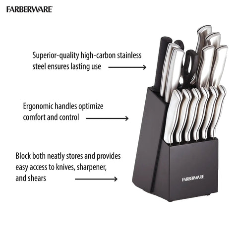 Gotta Have This Knockout 15 Piece Kitchen Knife Set Featuring Hella Sharp High Carbon Stainless Steel Blades in wooden block.