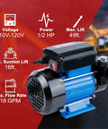 Heavy Duty Electric Oil Transfer Pump 110V Generating 18 Gpm Lightning Fast Flow And A Rock Solid 49 Ft Lift side view with black and blue design.