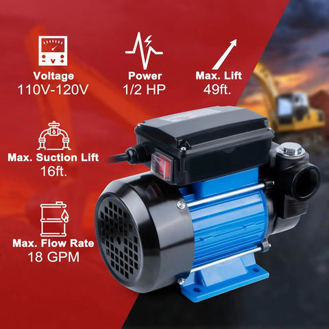 Heavy Duty Electric Oil Transfer Pump 110V Generating 18 Gpm Lightning Fast Flow And A Rock Solid 49 Ft Lift side view with black and blue design.