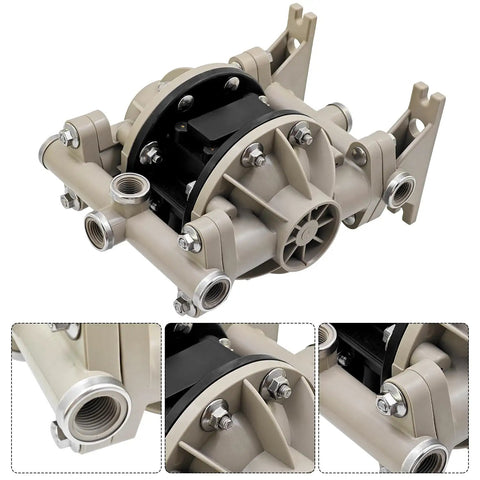 Workhorse Double Diaphragm Pump 13 GPM at 100 PSI Built for Tough Industrial Water Transfer and Fluid Handling Model 66605J388: beige polypropylene pump with threaded ports