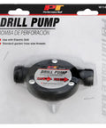 Drill Pump Liquid Transfer Kit for 1200+ RPM Drills, black fluid transfer pump in packaging with self priming feature.