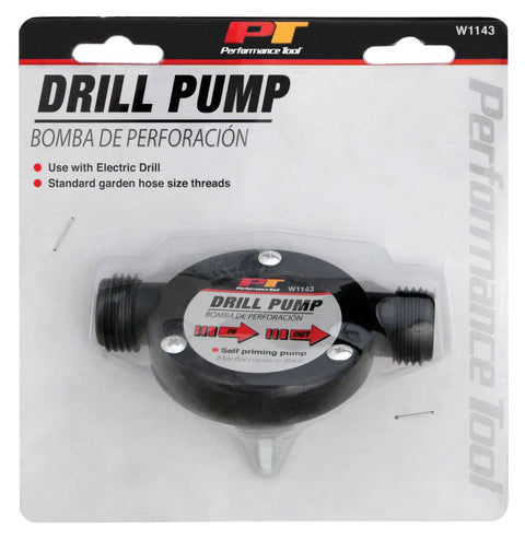 Drill Pump Liquid Transfer Kit for 1200+ RPM Drills, black fluid transfer pump in packaging with self priming feature.