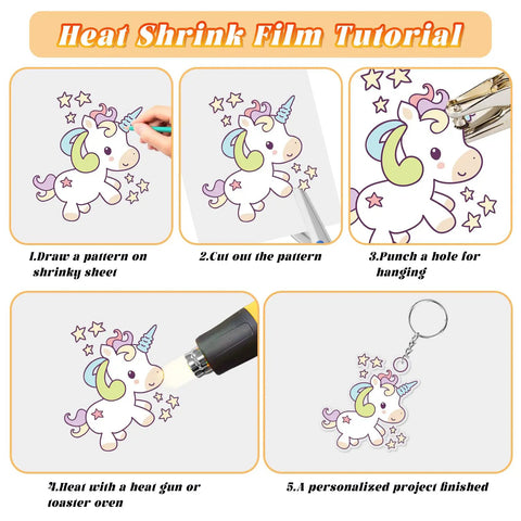 DIY Shrink Plastic Keychain Kit With 140 Pieces Shrink Sheets And 120 Accessories tutorial showing unicorn design process