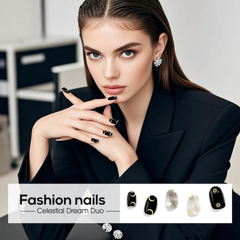Fashion model wearing Semi Cured Gel Nail Strips And Wraps Kit For Diy Manicures 20 Pieces UV LED Lamp Required in space theme