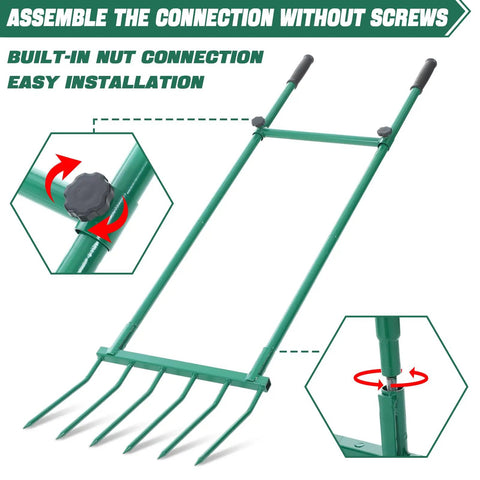 Heavy Duty Garden Broadfork With Dual Handles, 59 Inch Long Steel Pitch Fork, 16 Inch Wide Broadfork With 6 Steel Tines shown
