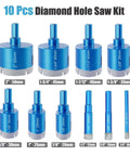 Front view of blue 10-piece diamond hole saw kit with sizes from 2" to 1/4" for tile, ceramic, glass