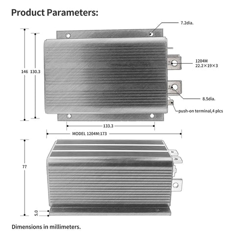 Heavy Duty Programmable DC Series PMC Motor Controller For Golf Carts And Trucks 36 To 48 Volt 500 Amp Replace 1205M-5606 dimensions in millimeters.