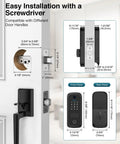 Diagram showing installation of Video Smart Lock With Camera 2K HD, Keyless Entry, on a door with measurements included.